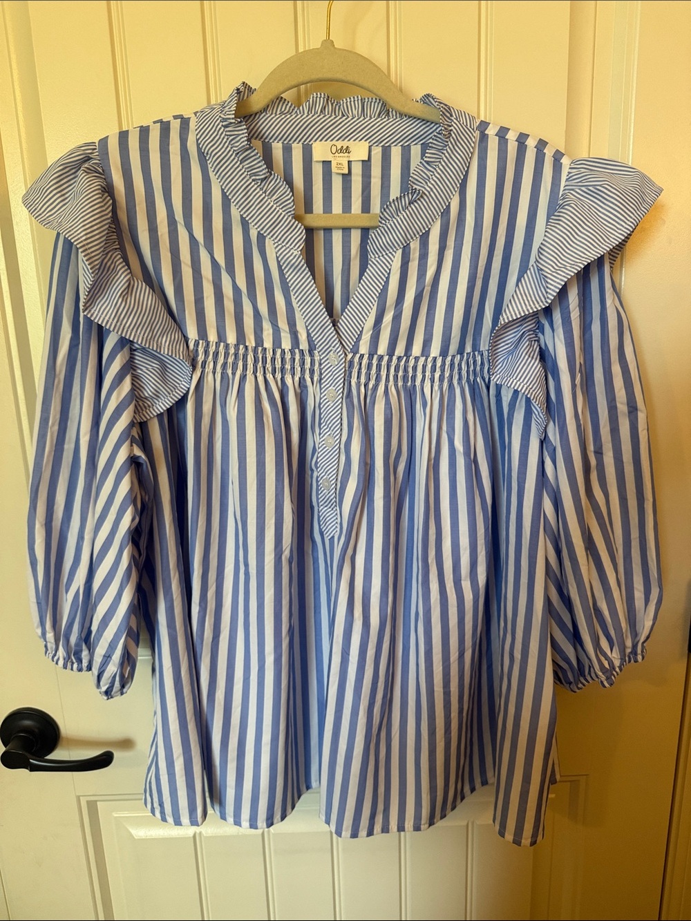Oddi Blue & White Striped Ruffle-Yoke Blouse